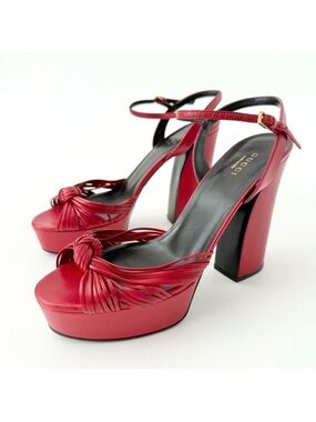 GUCCI | Red Leather Allie Knot Platform‎ High Heels Sandals 39.5
